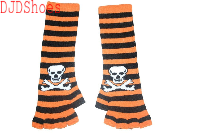 Black and Orange Skull Arm Length Fingerless Gloves