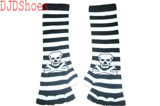 Black and White Skull Arm Length Fingerless Gloves