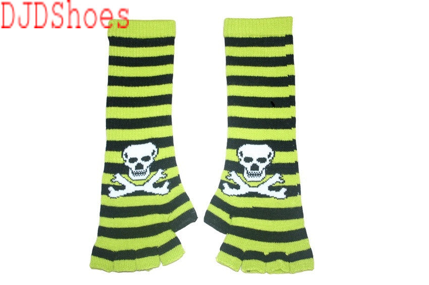 Black and Green Skull Arm Length Fingerless Gloves